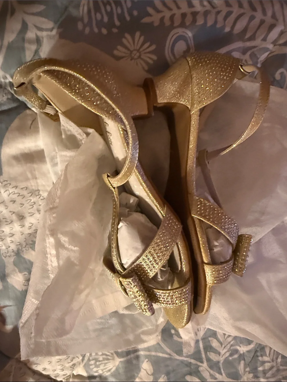 Girls' Gold T-Strap Dress Sandals with Bow and Rhinestones
